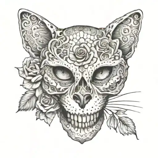 A Cat Skull Adorned With Intricate Rose Patterns
