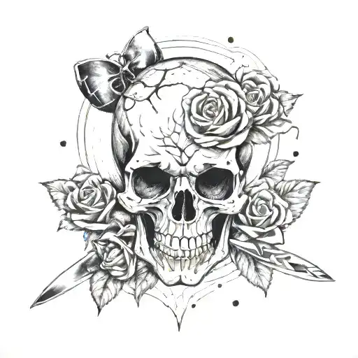 Skeleton With A Beating Heart And A Knife In The Heart With Roses For Eyes