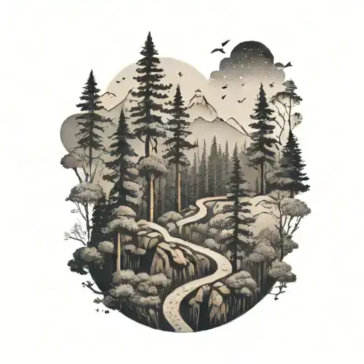 A Dotwork Tattoo Of A Forest With A Winding Hiking Trail Through It