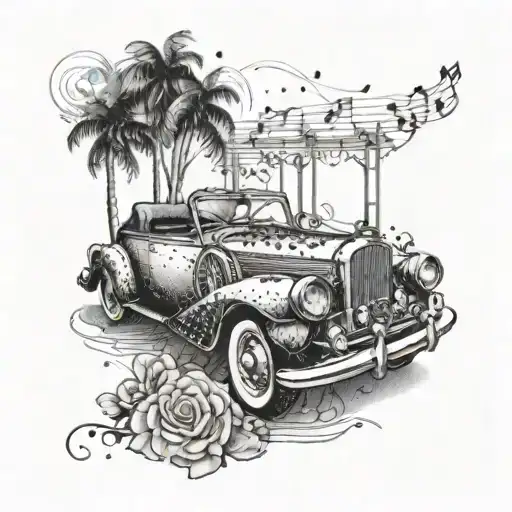 Create A Tattoo Of A Vintage Car Cruising Along A Road Lined With Musical Notes