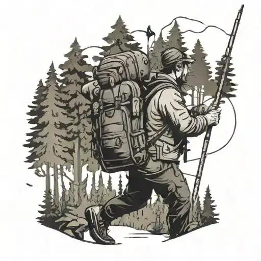 A Traveler With A Backpack Exploring A Forest Filled With Fishing Rods