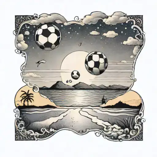 A Beach Scene With A Football Flying Through The Air At Sunset