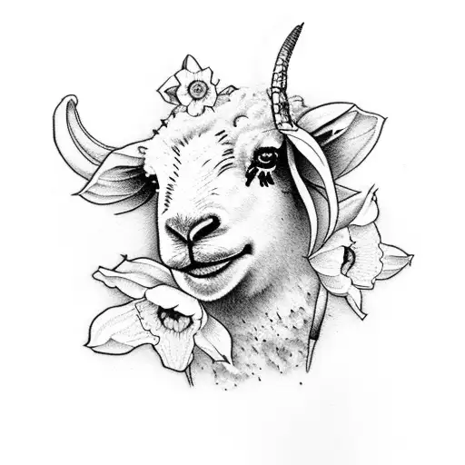 Line Work Post Stamp With Daffodil And Sheep