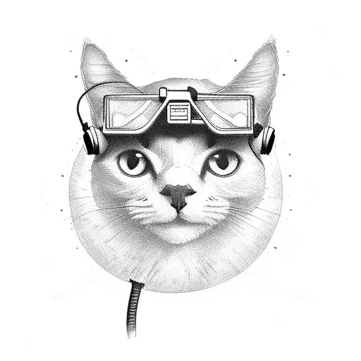 Black Cat And Puffin Sharing Headphones