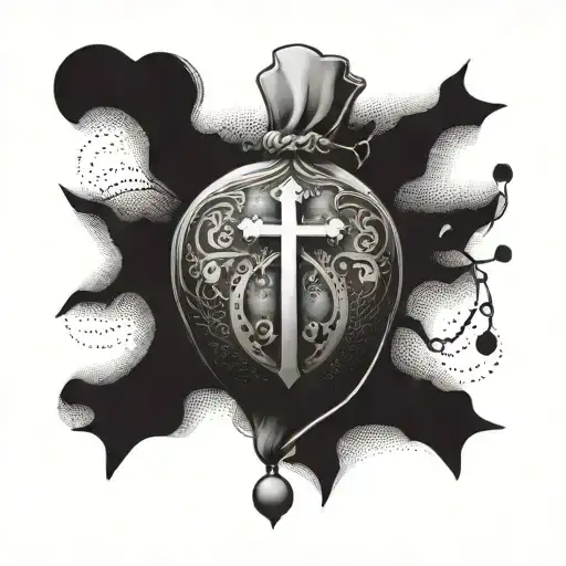 A Stylized Money Bag And Cross Design Incorporating Architectural Elements