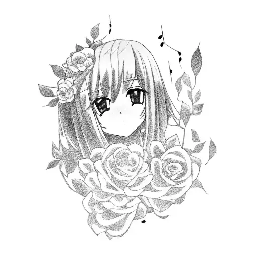 A Tattoo Of An Anime Character Holding A Bouquet Of Flowers With A Subtle Music Motif