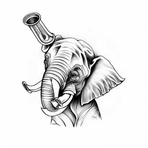 Head Of Elephant With His Trumpet Up With Mandala And Flowers