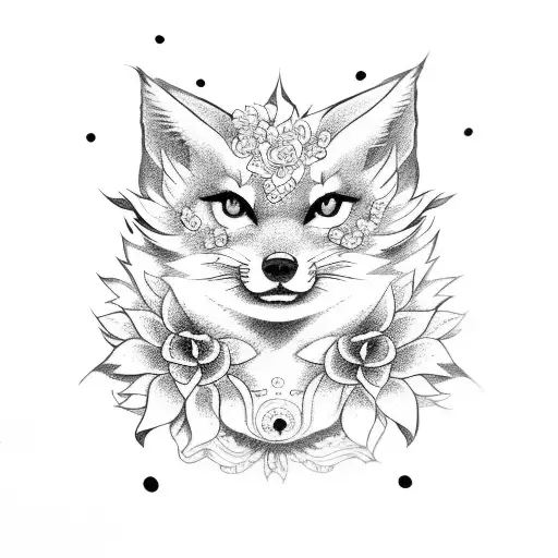 Kitsune With Flowers Black And White