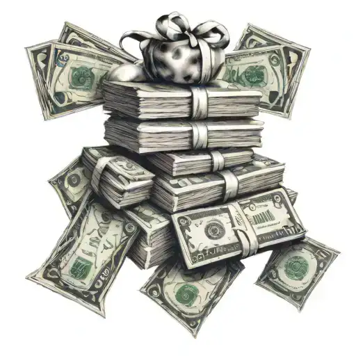 A Dotwork Tattoo Of A Stack Of Money With Dancing Shopping Bags Around It