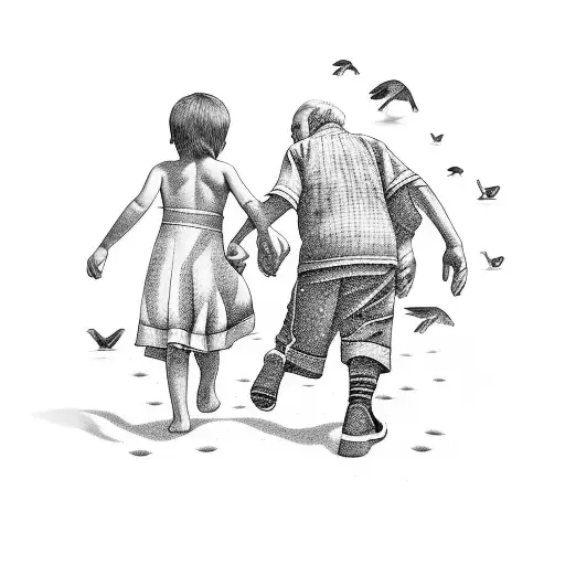 A Kid And A Grandfather Walking On The Beach