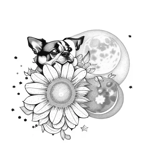 Flower With Dogs And Moon And Stars And Butterfly Tattoo