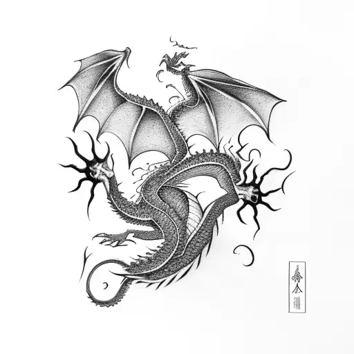 Dragon With Tree And Vines In Black And Grey