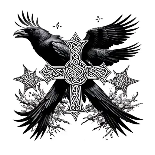 Celtic Cross And Ravens Flying