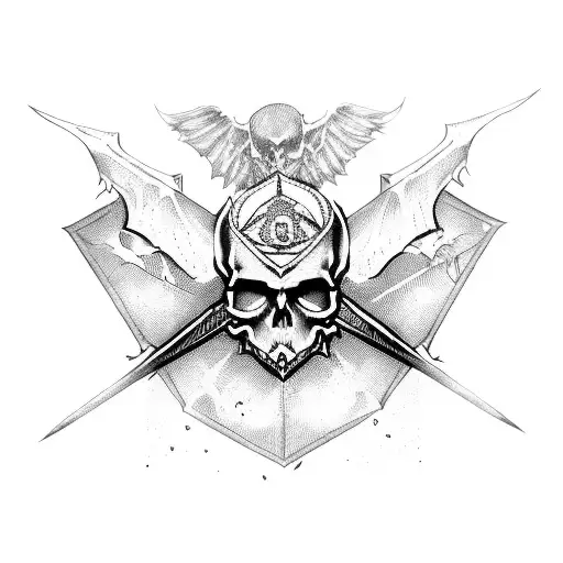 Skull With Bat Wings And Dagger In Head