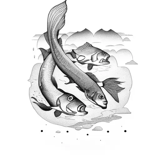 A Black And Grey Depiction Of A Virgo Maiden And A Pisces Fish Sharing A Meal At A Lakeside Cabin
