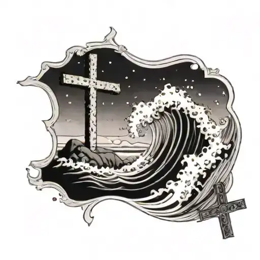 A Beach Scene With Waves Crashing Against A Cross Symbolizing Faith