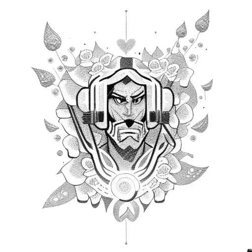 A Dotwork Tattoo Of Striker From Helluva Boss Surrounded By Flowers And Music Notes