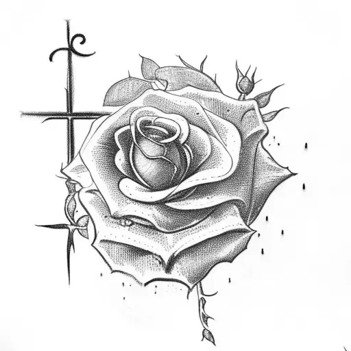 A Catholic Cross With One Rose And Climbing Plants