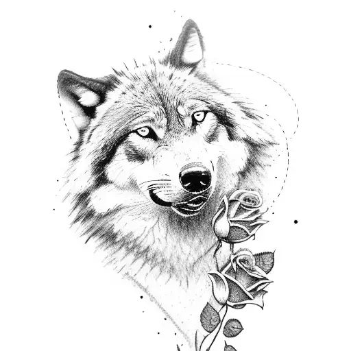 Black And Gray Wolf With Red Roses Around It