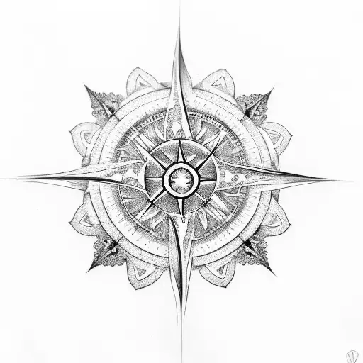 An Intricate Design Of Ocean Waves And Flowers Intertwining Around A Compass Rose