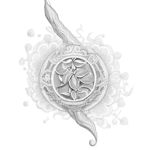 An Intricate Dotwork Tattoo Of A Pencil Sketching A Plant With Musical Notes Floating Around It