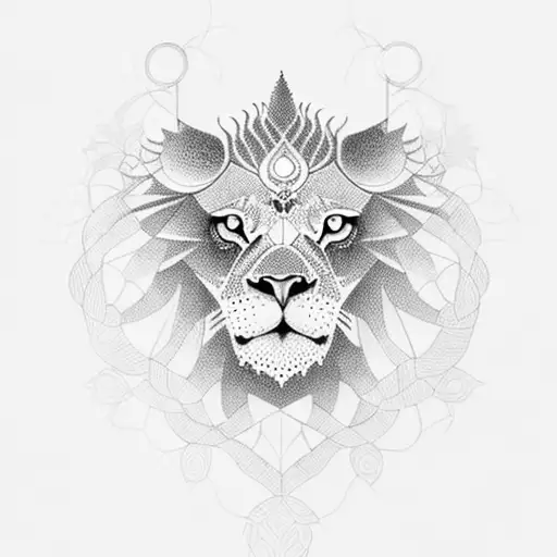 A Detailed Dotwork Portrait Of A Lion And Owl Intertwined