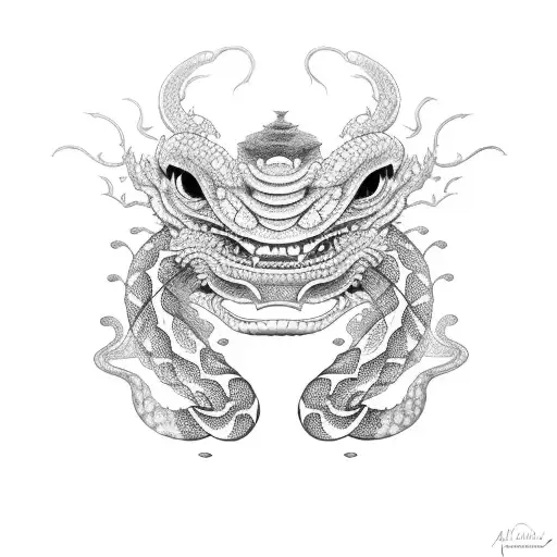 Japanese Oni Mask With An Angry Snake Behind It