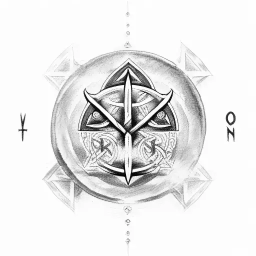 A Trident In A Triangle With Viking Runes Around And Water Surrounding It