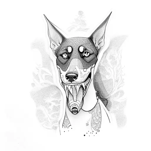 A Manga-style Tattoo Of A Doberman With Cimitarras In Its Mouth Surrounded By Spider Webs