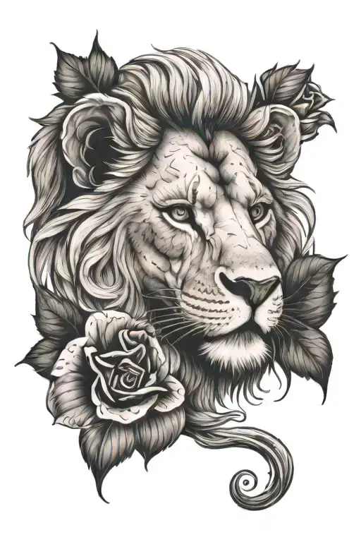 Lion Head With Rose Intertwined