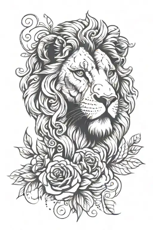 Lion Head With Rose Intertwined