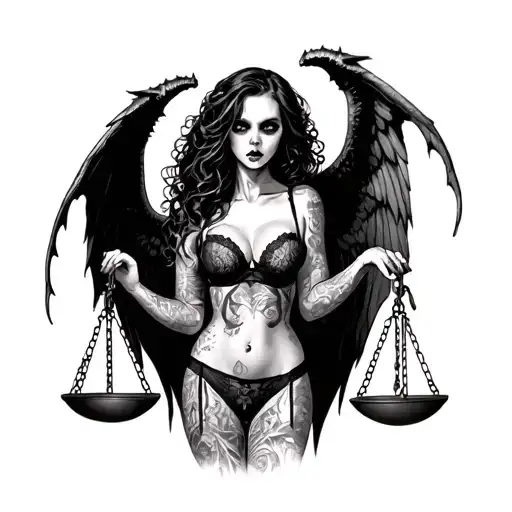 Scary Girl In Sexy Lingerie With Demon Wings Holds Scales Of Justice