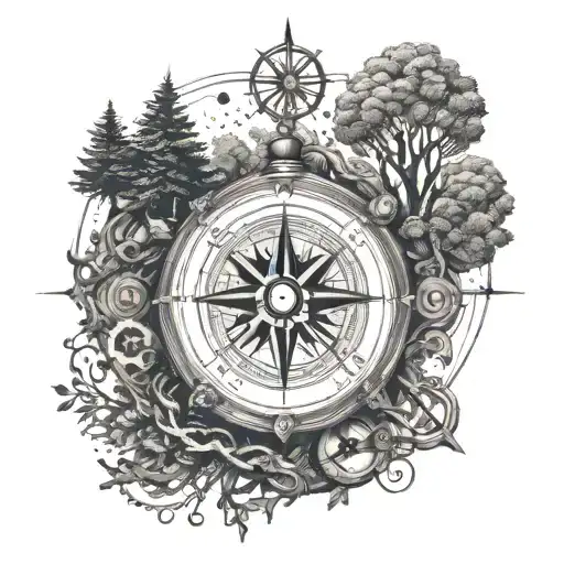 A Compass Surrounded With Trees And Motorcycle Chains