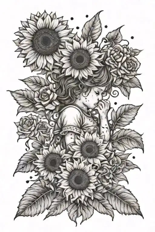 Sunflowers And Roses Above A Silhouette Of A Child Playing
