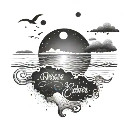 Design A Tattoo Of A Philosophical Quote Written In The Sky Above A Serene Beach Setting
