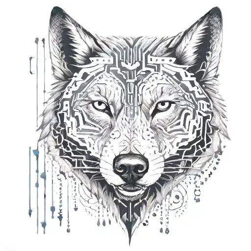 An Intricate Dotwork Tattoo Of A Wolf Surrounded By Binary Code And Computer Circuitry