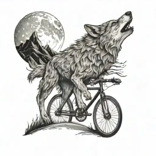 A Wolf Howling At The Moon While Riding A Bike Through A Mountainous Terrain