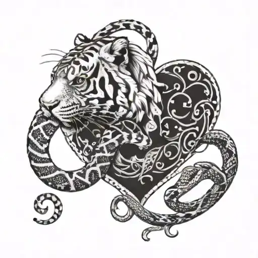A Tiger And Snake Curled Around A Heart Symbolizing Love