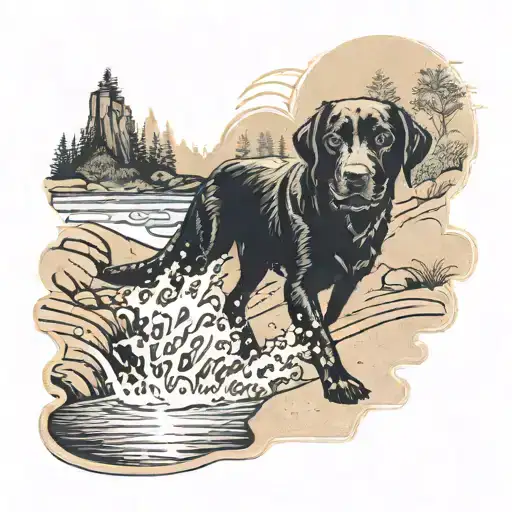 A Black Lab Dog Playing On A Sandy Beach With A Waterfall In The Background