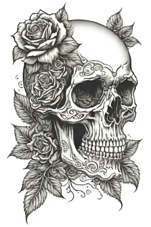 Skull And Roses Blooming