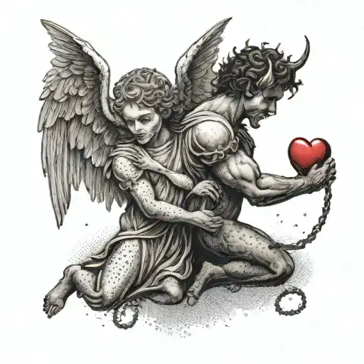 An Angel And Devil Playing Tug-of-war With A Heart