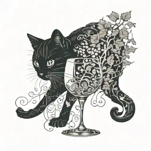 A Wine Glass With A Cat Silhouette Filled With Grape Vines