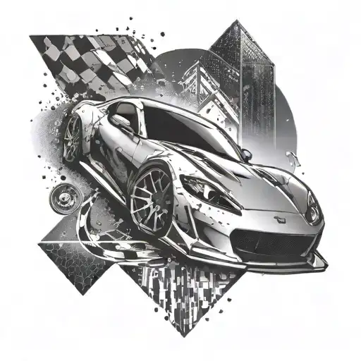 A Dotwork Tattoo Of A Sleek Sports Car Racing Through A Virtual Gaming World