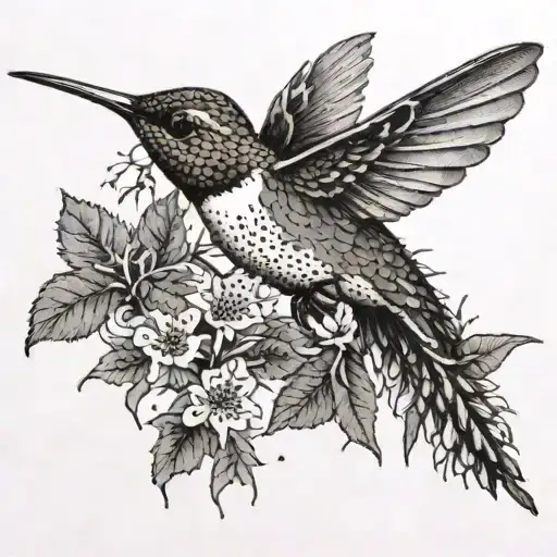 A Dotwork Tattoo Of A Hummingbird Surrounded By Spanish Moss