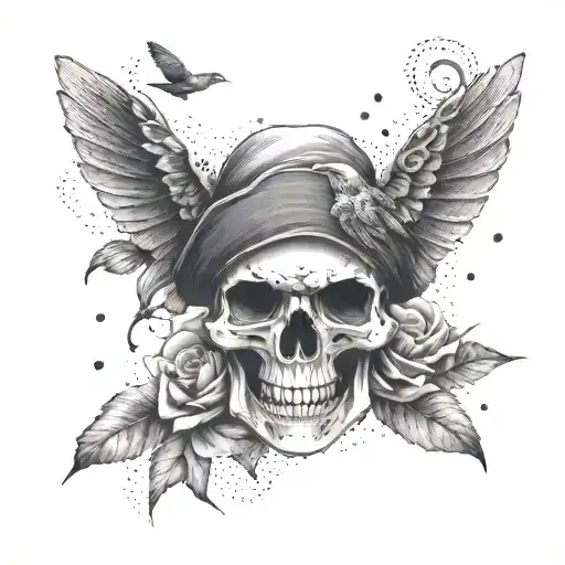 A Dotwork Tattoo Of A Pirate Skull With Hummingbirds Flying Around It