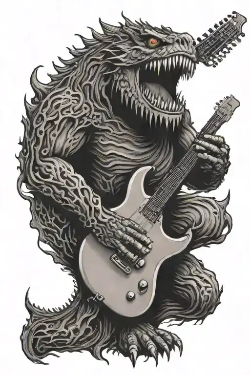 A Detailed Line Tattoo Of A Monstrous Creature Shredding On An Electric Guitar