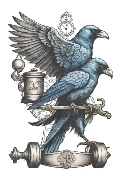 A Traditional Style Tattoo Of A Crow And Bluejay Feathers Falling Into Scales Of Justice