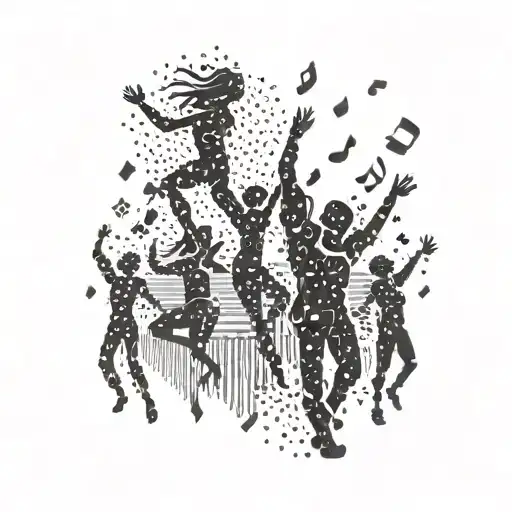 A Tattoo Of A Nightclub Scene With Silhouettes Of People Dancing And Music Notes Floating In The Air