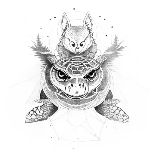 Totem With A Turtle At Base A Wolf In The Middle And An Owl At The Top