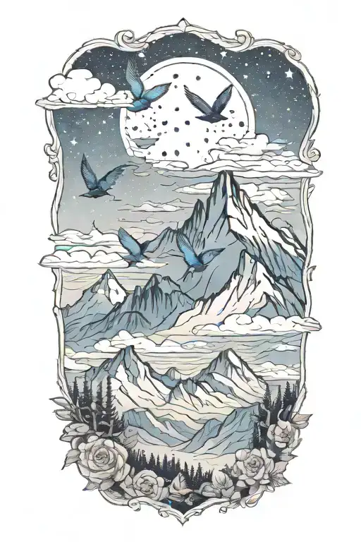 Sawtooth Mountain Range With Mountain Blue Birds Flying With Night Sky In The Background